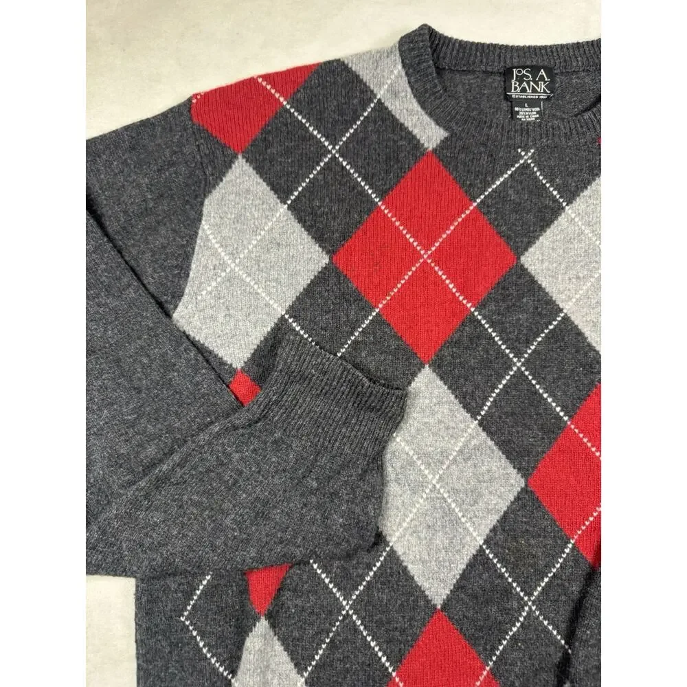 Jos A Bank Mens L Lambswool Blend Argyle Sweater Gray Red Crewneck